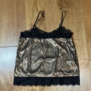 Womens Gold Sequin Lace Spaghetti Strap Top
